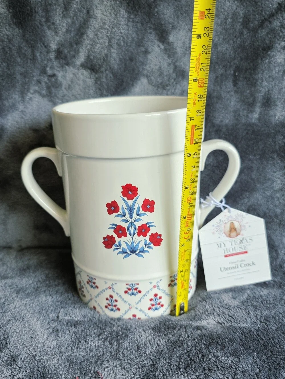 My Texas House New Poppy Trellis Ceramic Utensil Crock / Vase, Red White Blue 7
